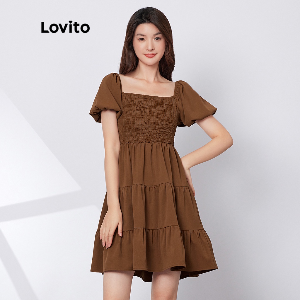 (Multi-colors)Lovito Casual Plain Shirred Puff Sleeve A-Line Dress L29ED022 (Mocha brown)