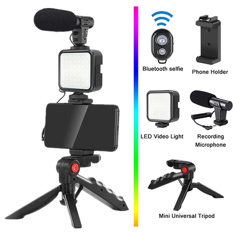 Photography kit, LED camera light+microphone+folding tripod+remote control mobile phone supports video blog