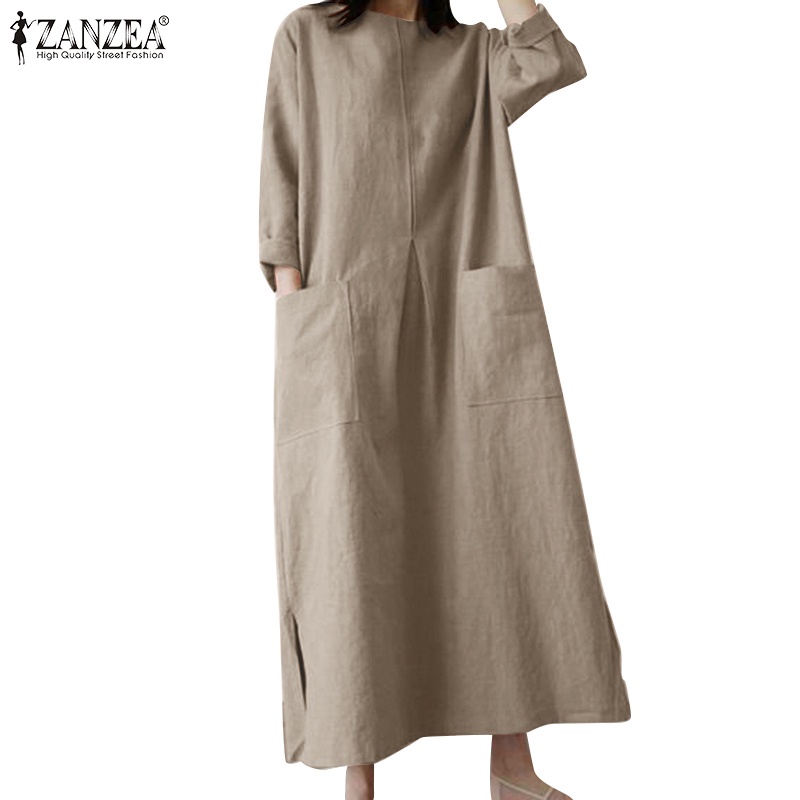 ZANZEA Women European Loose Daily Pocket 3/4 Sleeves Cotton Hem Slit Dresses