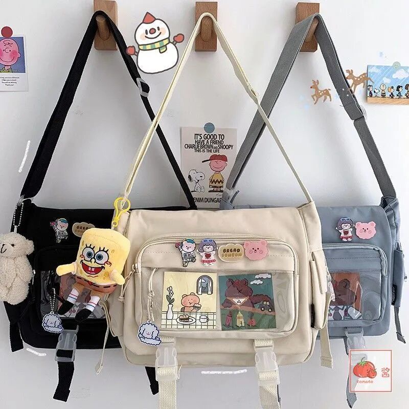 Large Capacity Students in Class Slung Canvas Bag Female 2023 New Japanese Harajuku Solid Color Postman Shoulder Tote Bag