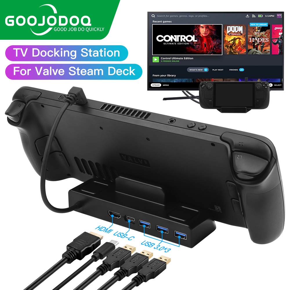 Goojodoq steam deck docking station TV base stand 6 in 1 Hub holder dock 30Hz 60Hz HDMI-compatible USB-C RJ45 ethernet for steam deck console