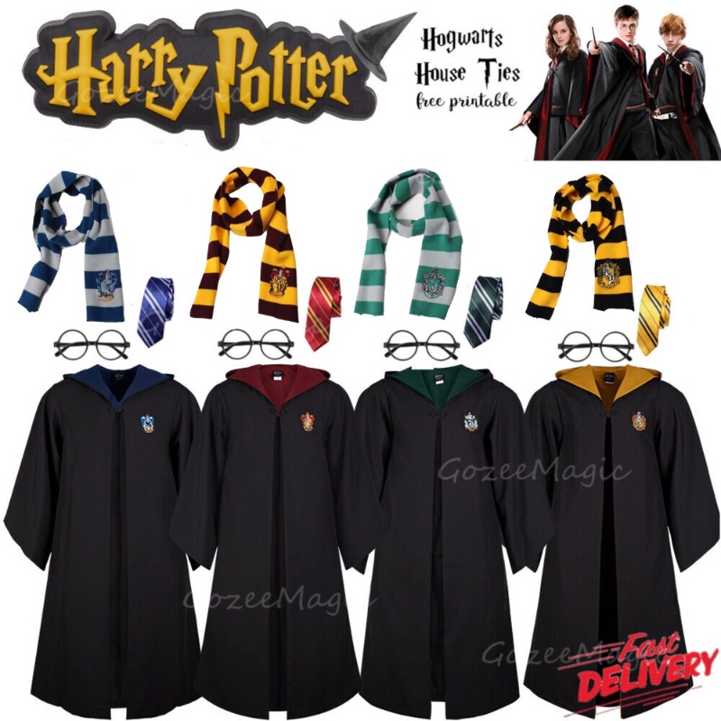7PCS Harry Potter Costume Robe Cape Cloak Halloween Adult Kids Cosplay Magic With Tie Scarf Wand Glasses Cape Hermione Gryffindor Slytherin Hufflepuff Ravenclaw Suit Cosplay Hallow