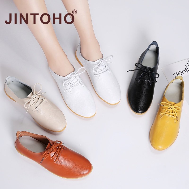 【JINTOHO】6 Colors Big Size Shoes 43 Women's Casual Loafers Breathable Cow Leather Flat Work Shoes Kasut Kulit Wanita