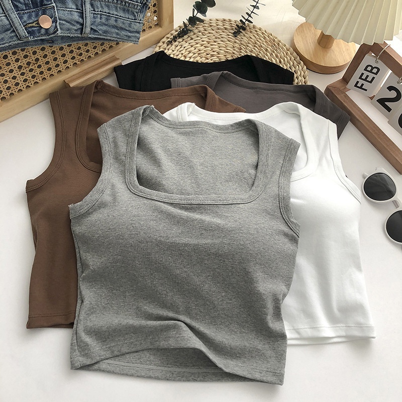 Wide Shoulder Slim-Fit Vest Ladies Solid Color Square Neck Comfortable Versatile With Chest Pad One @-