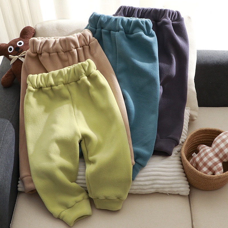 [ML] Ready Stock 73-130CM Children Winter Fleece Lining Casual Pants Boys Girls Candy Color Middle Small Warm Thick Polar Children's Clothing