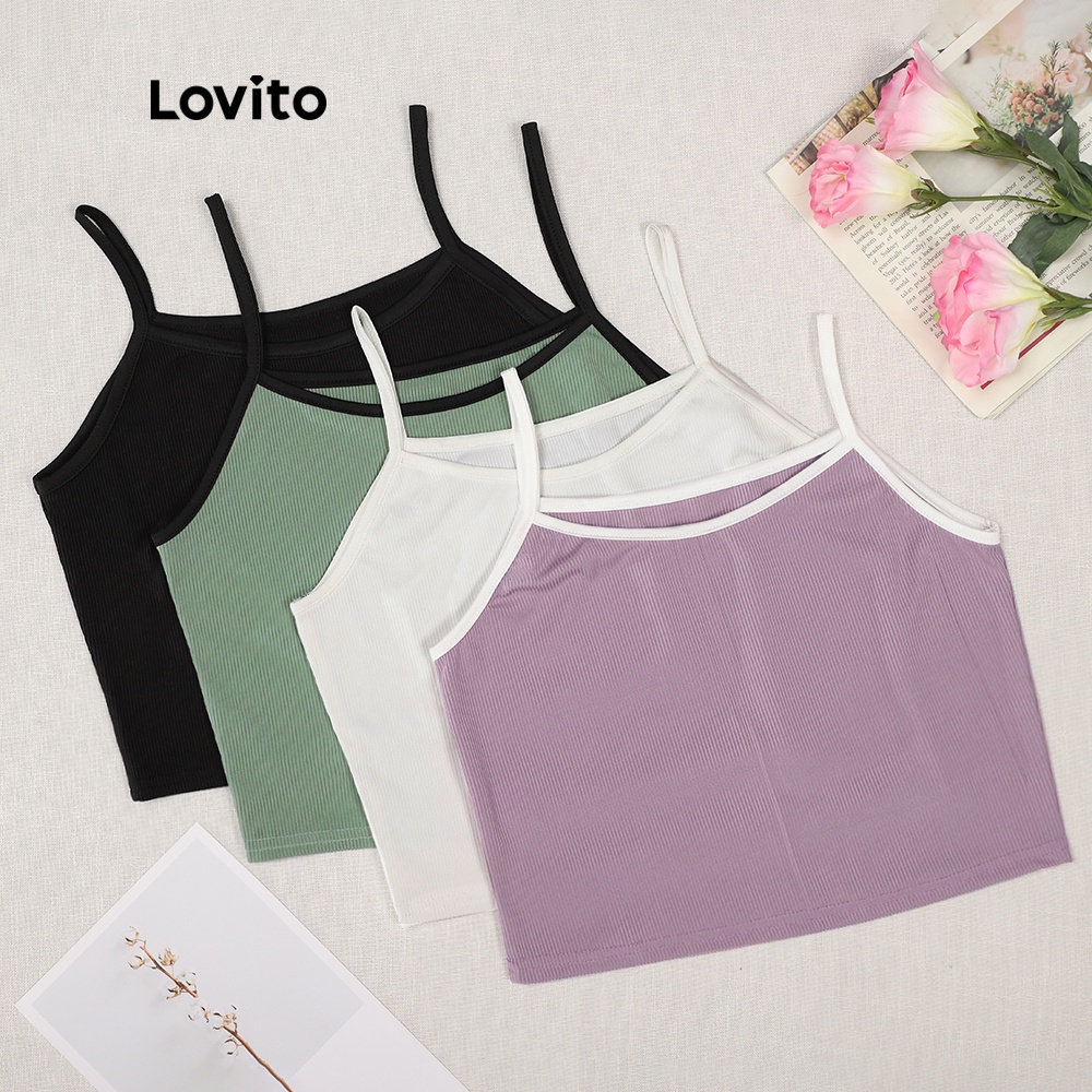 (KOL's pick) Lovito Solid Casual Slim Fit Rib Knit Contrast Binding Tank Tops for Women L00008 (Green/Pink/White/Black)