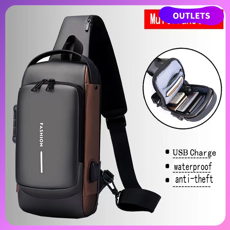 【Ready Stock】Chest Bag Men Anti-theft Sling Bag Waterproof USB Charging Shoulder Messenger Bags Fashion Outdoor Chest Pack Motorcycle Bagpack【Password Lock  】