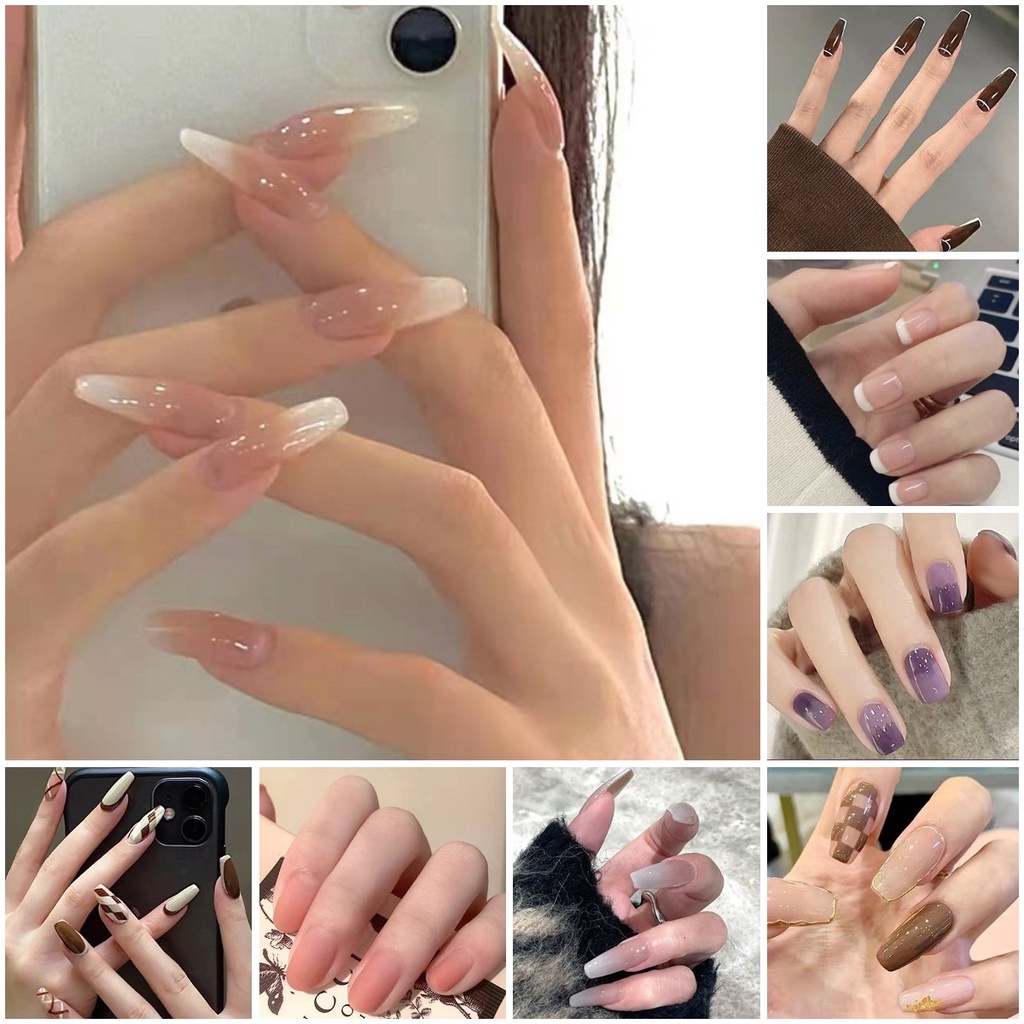 With 12 Jelly Glue 24Pcs Fake Nails French Long Fake Nails