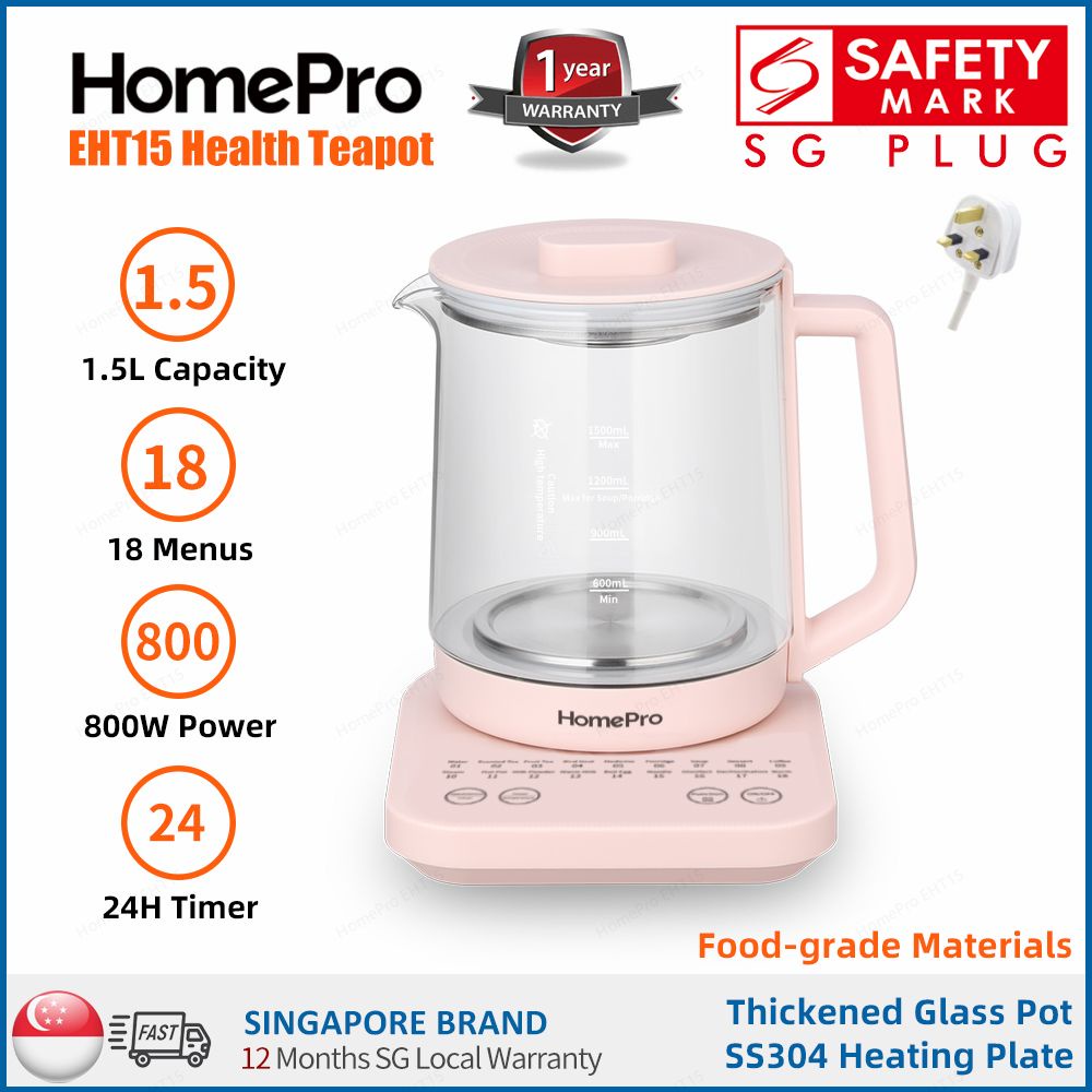 HomePro EHT15 Electric Health Teapot/Thick Glass/Multi-function Kettle/18 Menus/1.5L Capacity/3-pin SG Plug/SG Warranty