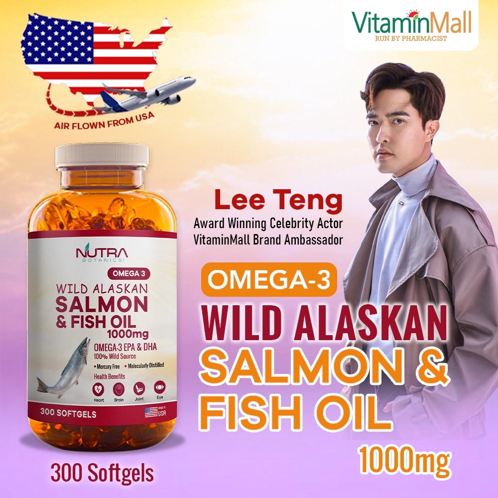 Nutra Botanics Omega 3 Wild Alaskan Salmon Fish Oil 1000mg – 300 Softgels – Halal Certified - EPA & DHA - Mercury Free