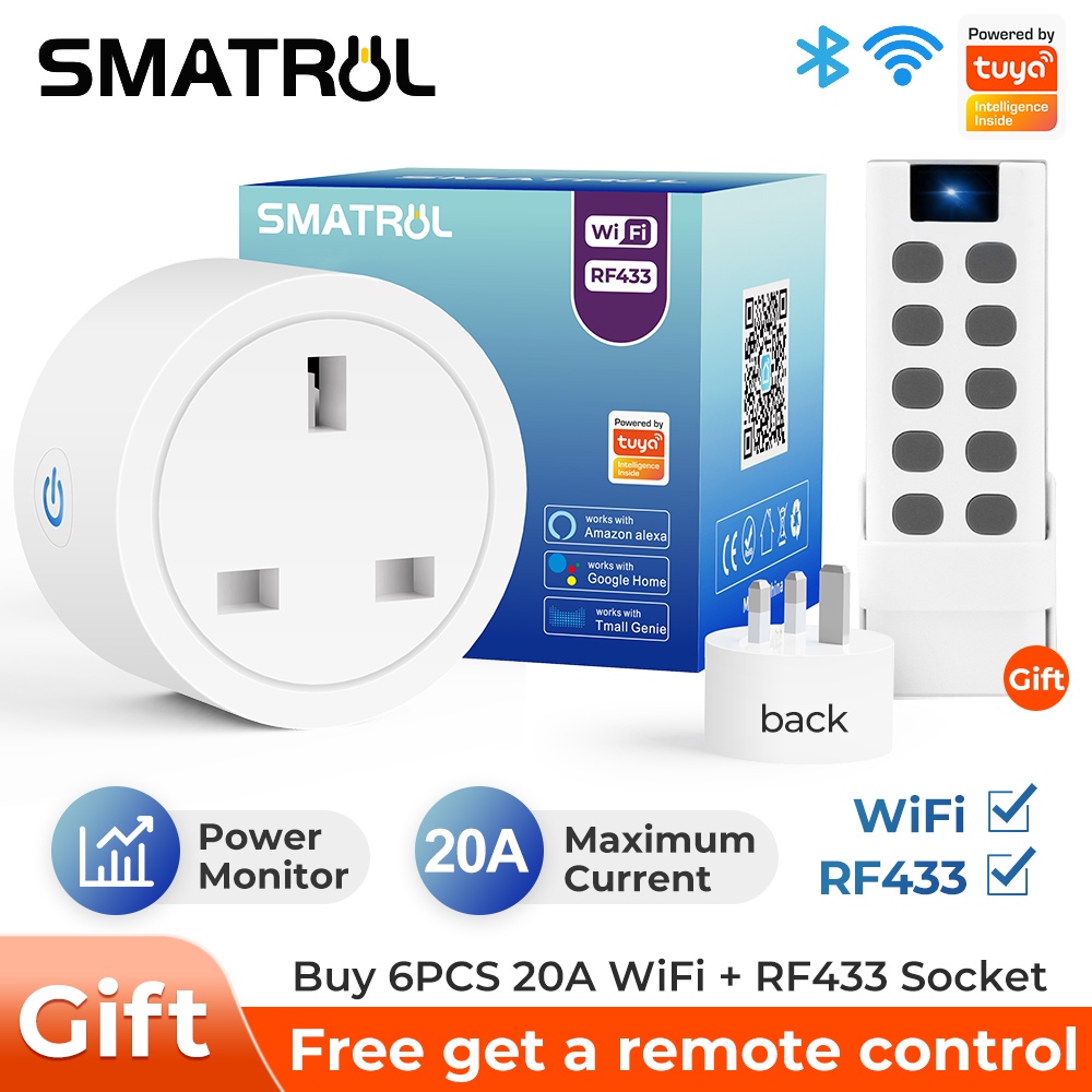 SMATRUL 20A/16A UK Plug Tuya WiFi Socket Adaptor  Outlet Smart Life APP Voice Timer Google Home Amazon Alexa Light Wall Power Monitor SG plug