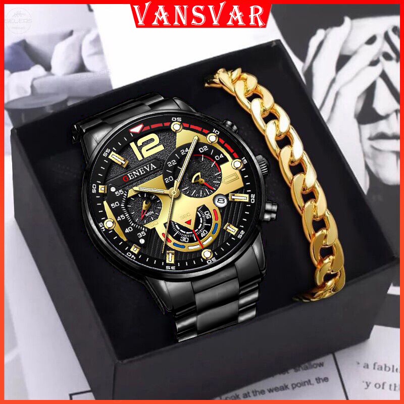 Fashion Business Men Watch with Date Male Stainless Steel Watch Bracelet Set