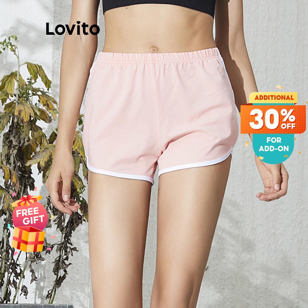 Lovito Contrast Binding Dolphin Elastic Waist Cycling Women Shorts L02041 (Grey/Pink/Dark Red/Black/Blue/Green)