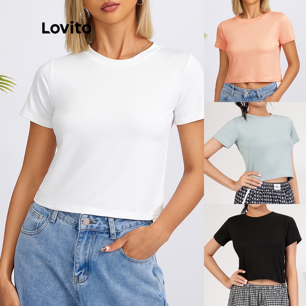 Lovito Casual Plain Crew Neck Basic Tshirt for Woman L18X101 (White/Pink/Blue/Black)