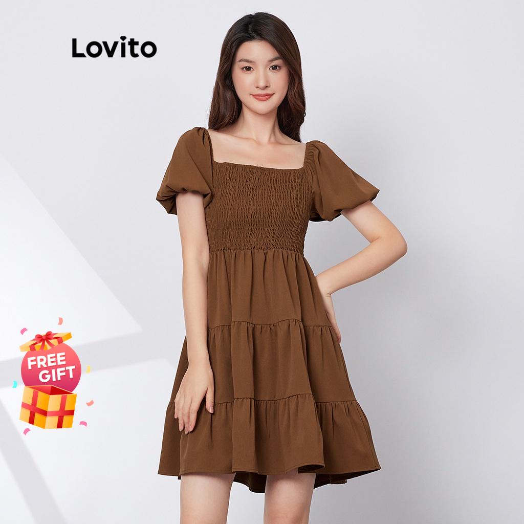 (Multi-colors)Lovito Casual Plain Shirred Puff Sleeve A-Line Dress L29ED022 (Mocha brown)