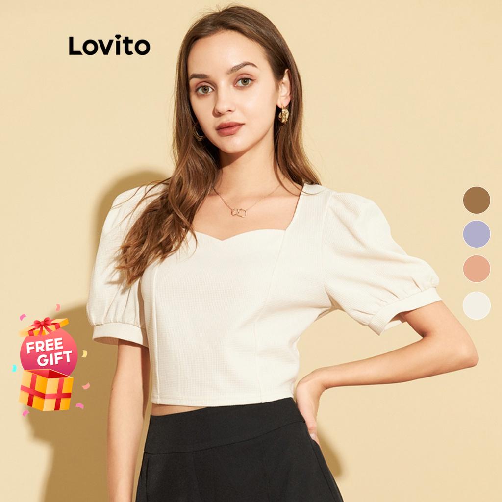 (Multi-Colors)Lovito Elegant Plain Square Neck Puff Sleeve Textured Women T-Shirt L25ED068 (Apricot/Blue/Pink/Brown)