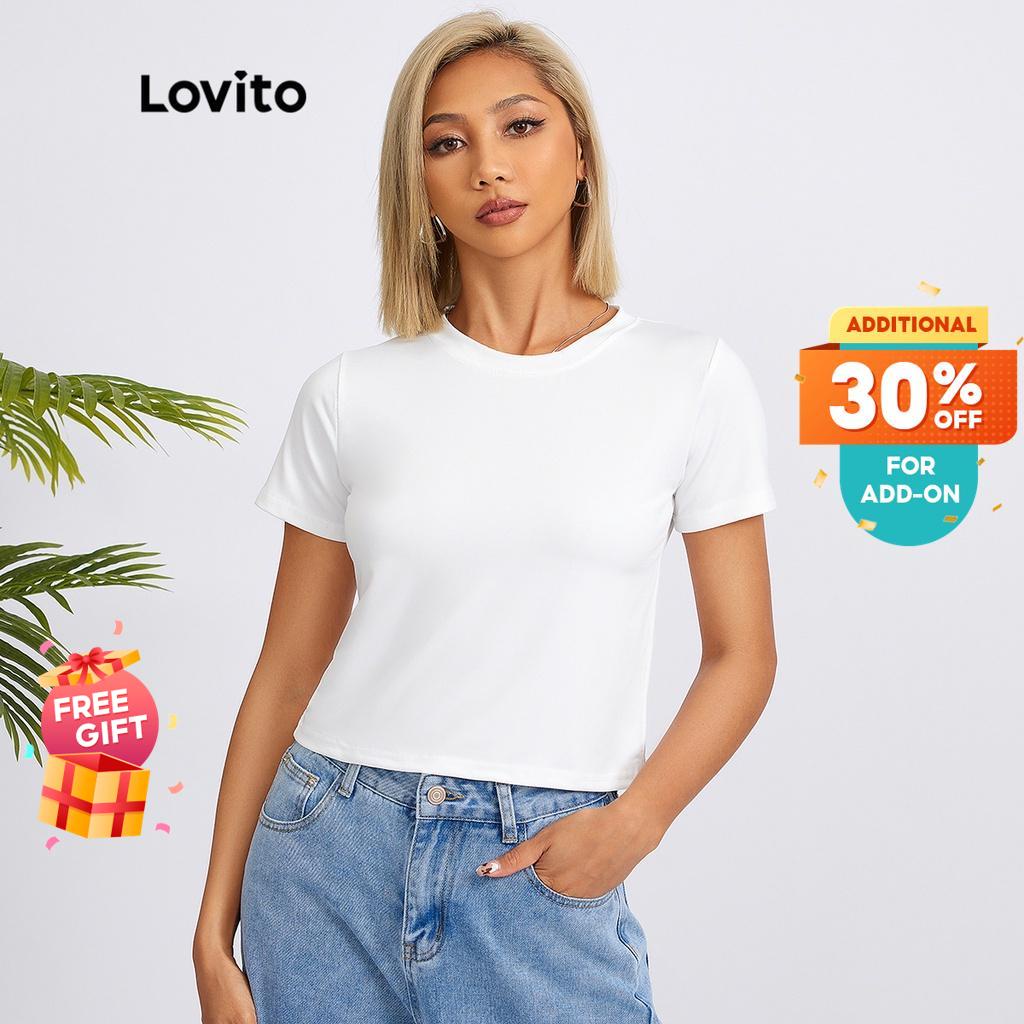Lovito Casual Plain Crew Neck Basic Tshirt for Woman L18X101 (White/Pink/Blue/Black)