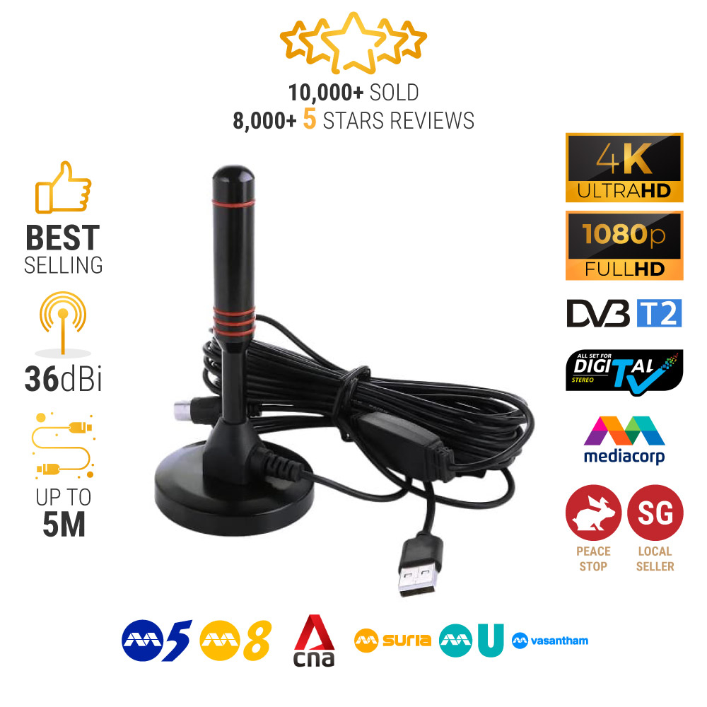 Singapore Digital TV 36dBi 5 Metres High Gain Active Antenna DVB-T2 Box Active USB Boost Amplifier