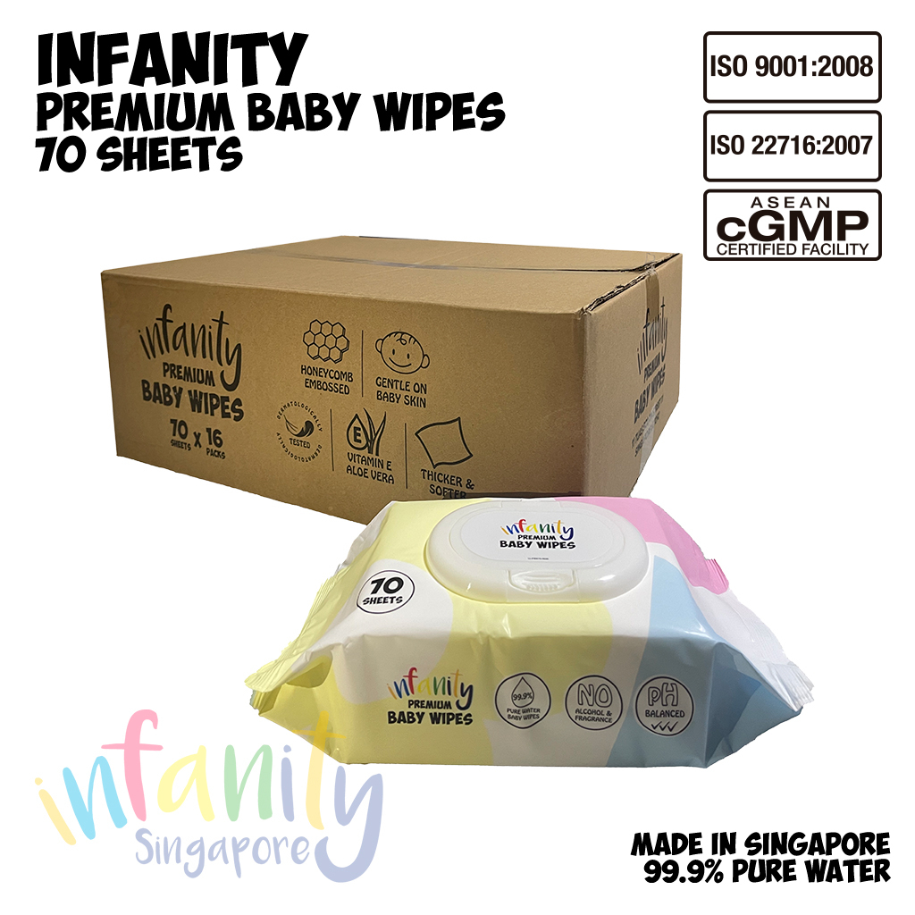 INFANITY Premium Baby Wet Wipes 16 packs x 70 Sheets / 99.9% Pure Water/ One Touch Lid/ Thicker & Softer/ Made in SG