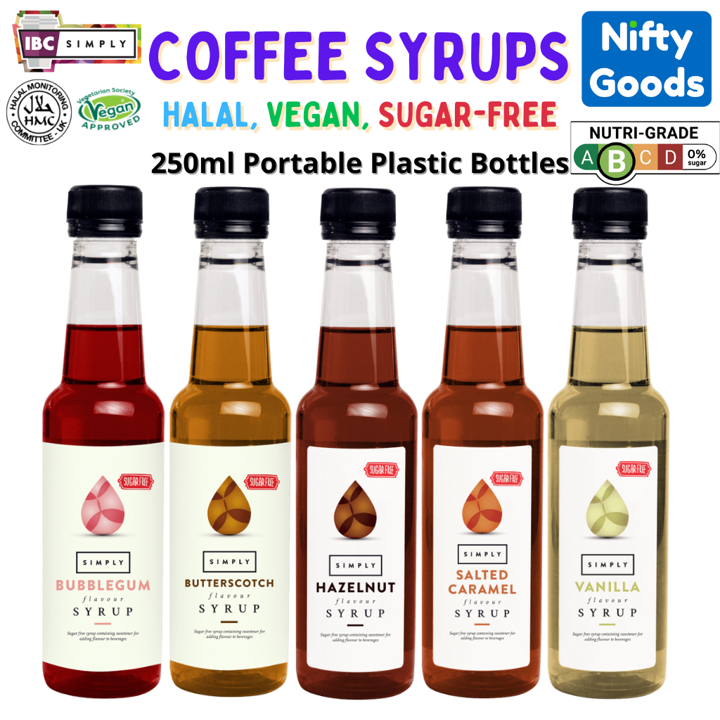 ?Simply Syrup Sugarfree Halal Vegan Coffee Syrups 250ml Hazelnut Salted Caramel Chocolate Vanilla Toasted Marshmallow