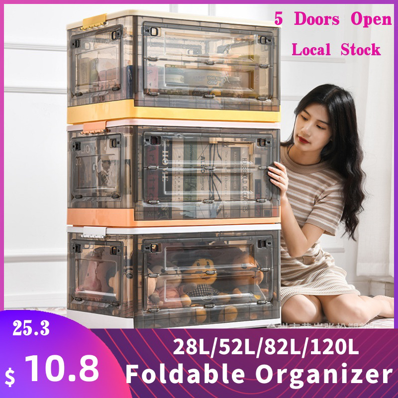 [CITY DIARY]??Foldable box 5 side open 28L/52L/82L/120L Heighten transparent foldable organizer stackable storage box
