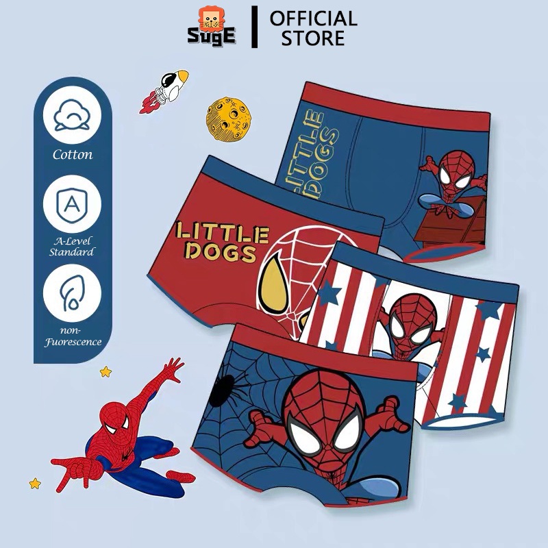 【Suge】4 Piece Kids Boys Underwear Cartoon spiderman Children's Shorts Panties For Baby Boy Toddler Boxers Stripes Teenagers Cotton Underpants