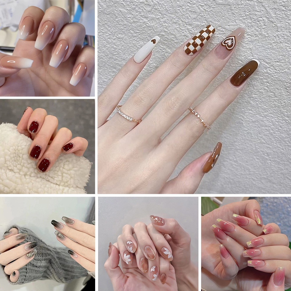 YKHMYB 24 pcs set with glue nails fake nails nail sticker long nail glue art false nails french nail fake nails with design manicure press on nails 假指甲 指甲貼 fake nails press on short nail coffin fake n