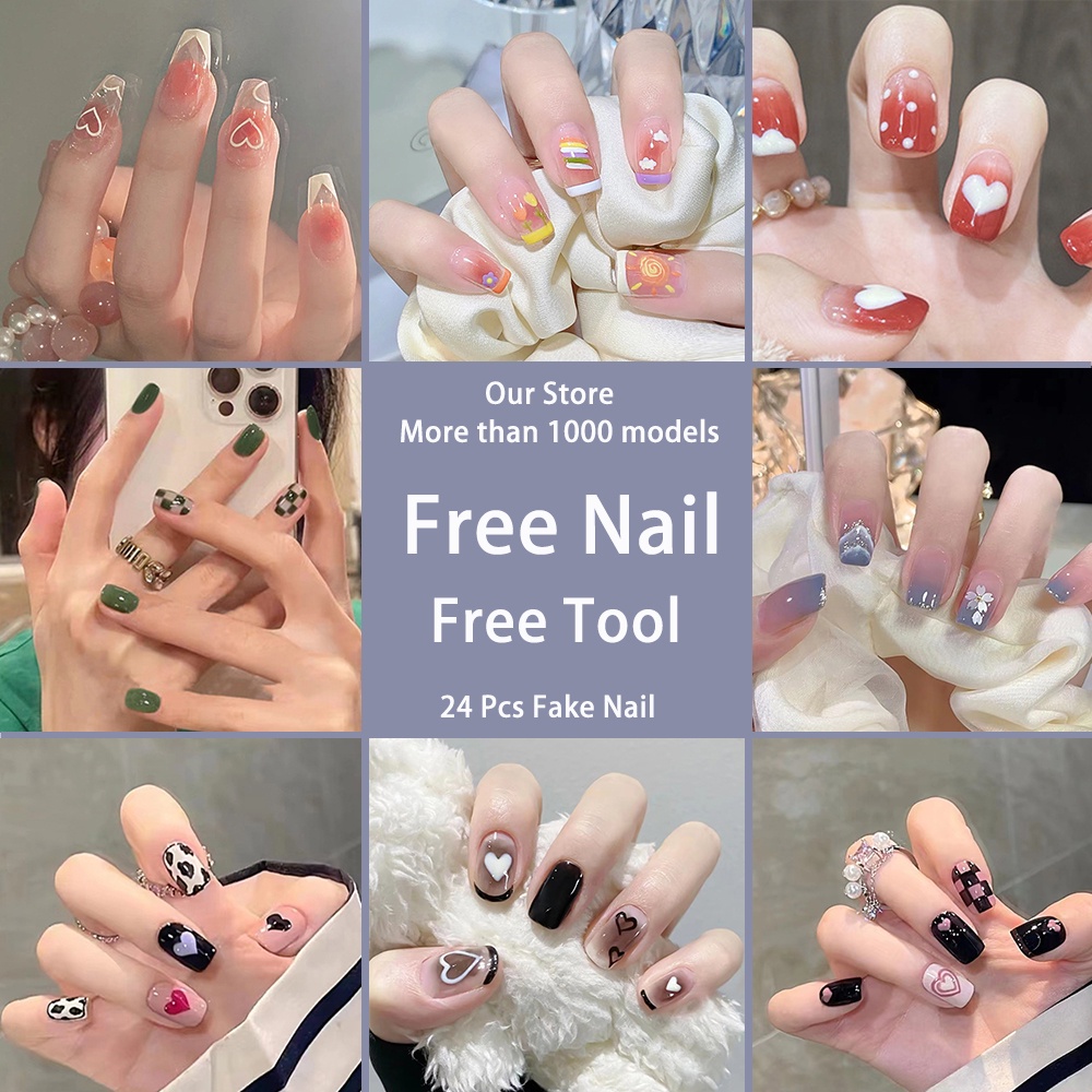 YKHMYB 24 pcs set with glue nails fake nails nail sticker long nail glue art false nails french nail fake nails with design manicure press on nails 假指甲 指甲貼 fake nails press on short nail  acrylic nail